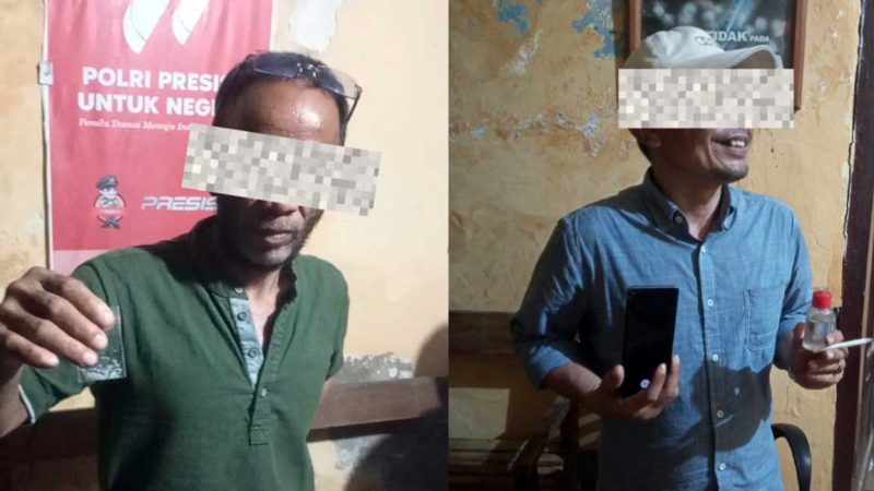 Oknum Kades di Pulau Bawean berinisial AA (kanan) dan SM saat diamankan polisi usai digerebek sedang asyik pesta sabu-sabu.