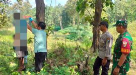 Petugas sedang melakukan identifikasi dan mengeakuasi jasad korban yang meninggal gantung diri di kawasan hutan Desa Sukodadi, Kecamatan Kabuh, Kabupaten Jombang.