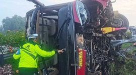 Kondisi bus Nusa Bali yang terguling di jalan tol kilometer 701+800 B, kawasan Dusun Segunung, Desa Jombok, Kecamatan Kesamben, Kabupaten Jombang. 