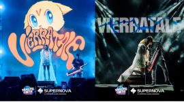 Aksi Widy dan Kevin Aprilio Vierratale saat menghibur penoonton konser Dialog Cinta Vol 3 di Stadion Merdeka Jombang. (Foto dok)