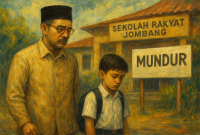Ilustrasi seorang guru dan satu murid Sekolah Rakyat Jombang mundur. (Foto dibuat dengan AI)
