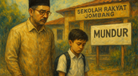 Ilustrasi seorang guru dan satu murid Sekolah Rakyat Jombang mundur. (Foto dibuat dengan AI)