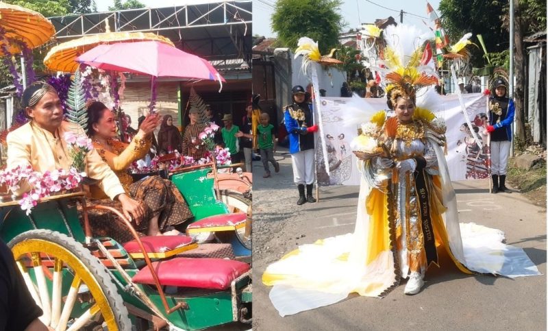 Syaiful Anam Kepala Desa Dukuh Klopo Kecamatan Peterongan bersama dengan Bu Lurah saat mengikuti karnaval bersama warga setempat. (Foto Apriani Alva)