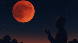 Ilustrasi jadwal gerhana bulan total dan bacaan niat shalat khusuf. (Foto dibuat dengan AI)