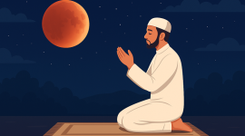 Ilustrasi tata cara sholat gerhana bulan (khusuf) sesuai tuntunan ulama. (Foto dibuat dengan AI)