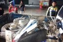 Sepeda motor yang terlibat kecelakaan dengan truk di jalan raya Nurcholish Madjid, Desa Tunggorono, Kecamatan/Kabupaten Jombang.